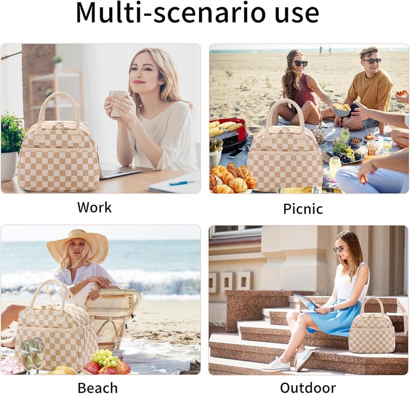 Carry bloom Lunch Box for Women, Insulated Lunch Bag Cute Corduroy Lunchbag Reusable Lunchbox for Work (checkered brown white) - Image 3